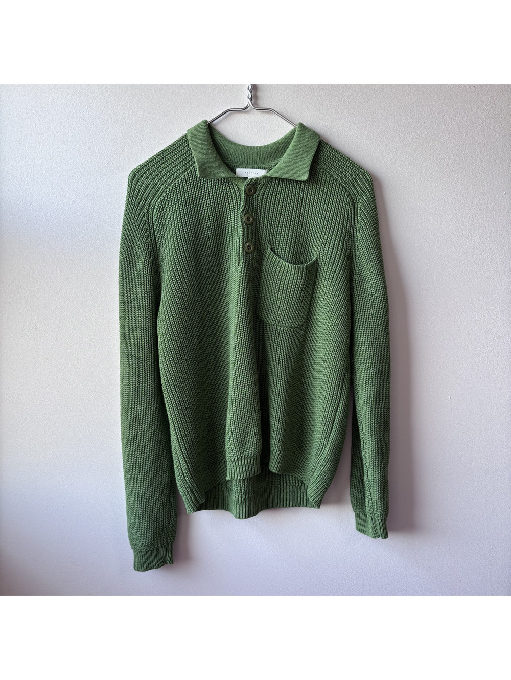 all:row Green Cotton Knit Pullover Sweater with Pocket, Size S